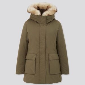 Uniqlo sz XS Down Hybrid parka with faux fur hood insulated green zip/snap VGUC